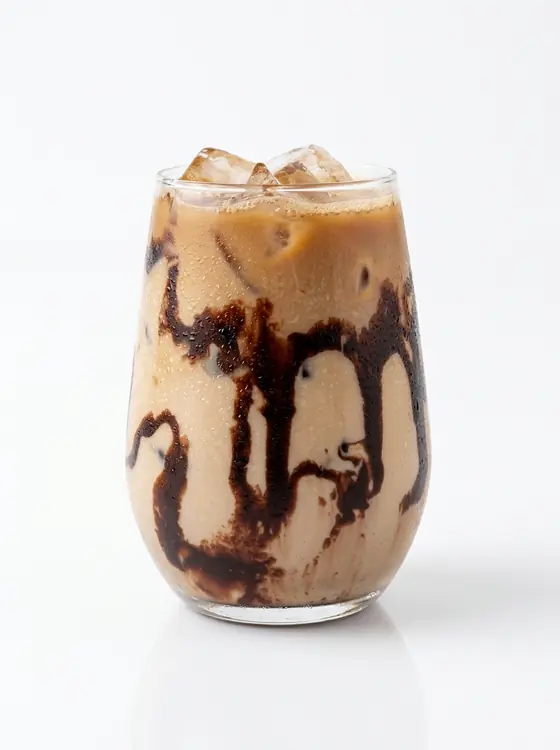 Frappé servido en vaso de vidrio con sirope de chocolate por dentro